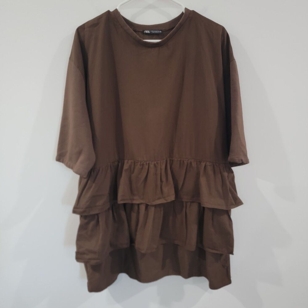 Zara Womens Top Size Medium Brown Ruffle Tiered 3/4 Sleeve